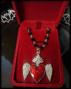 18" Black Rosary Bead Winged Sacred Heart Necklace