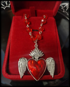 18" Red Rosary Bead Winged Sacred Heart Necklace