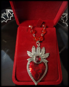18" Red Beaded Sacred Heart Necklace